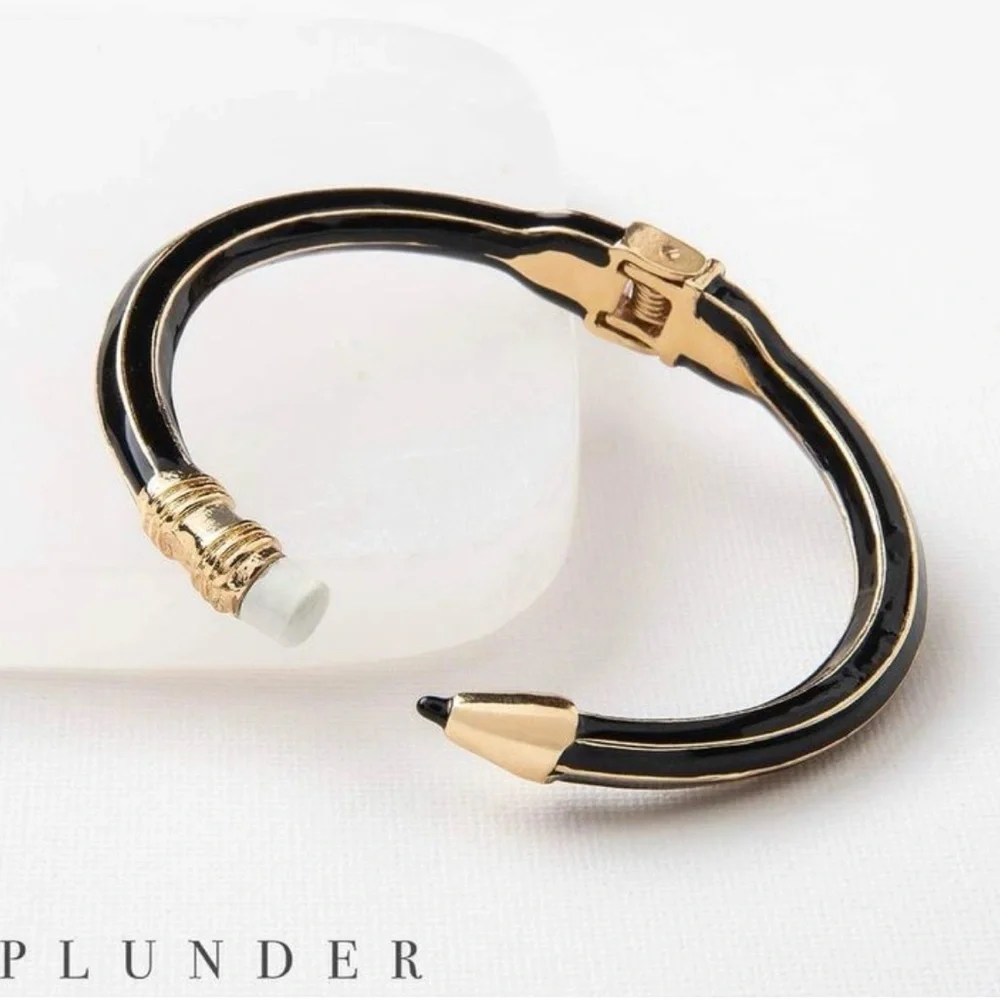 Plunder Pencil Shaped Elegant Black and Gold Open Cuff Bracelet. - Picture 6 of 6